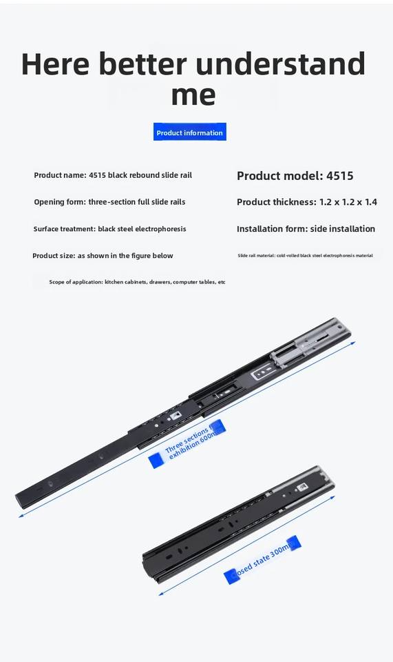 4.5cm de ancho de ancho Hogares de cajón de cierre suave 12 14 16 18 20 22 40 pulgadas Guía de seguimiento de bolas Guía de deslizamientos Corredores