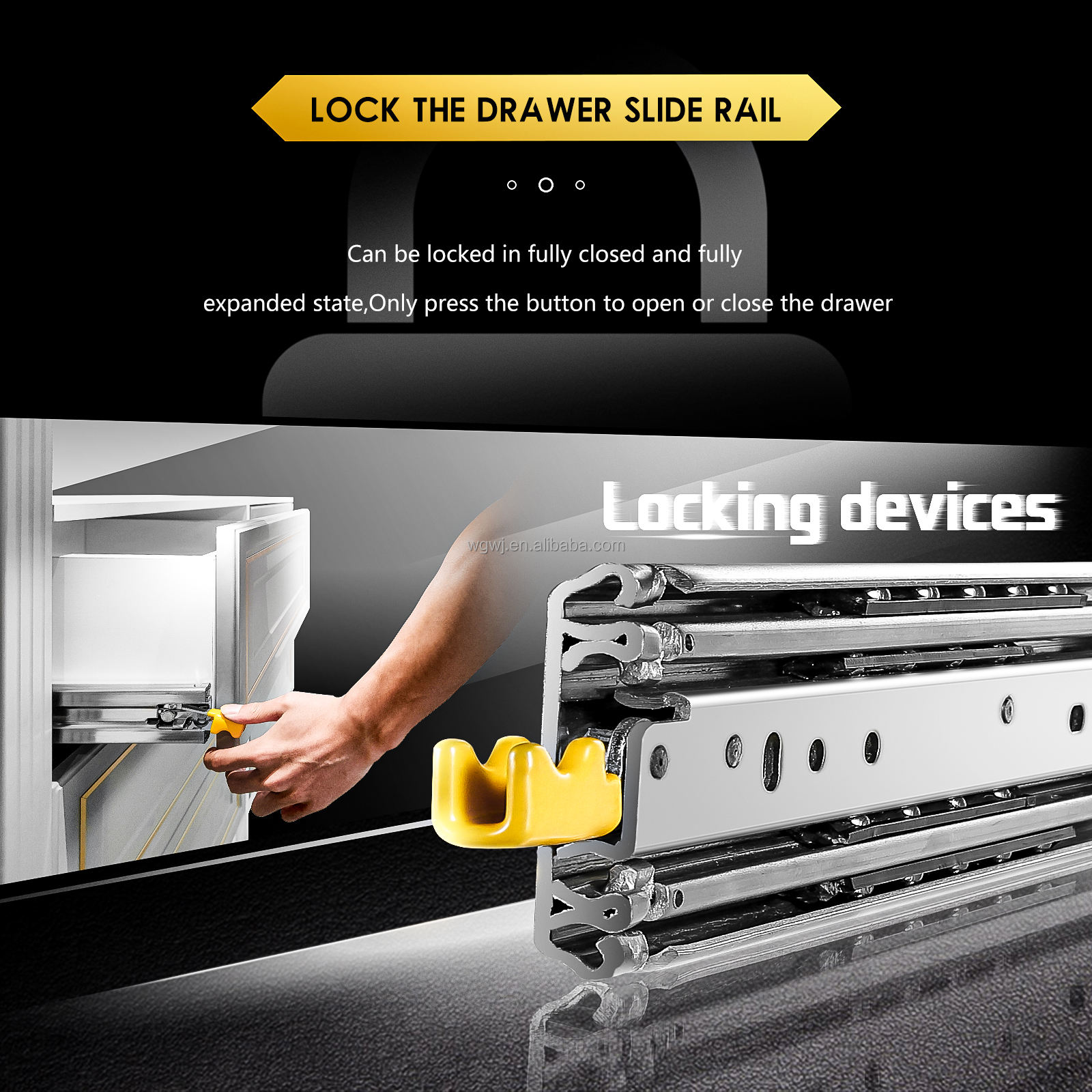 Tasanías de cajón de alta resistencia de 5,3 cm de ancho 1.8 mm de espesor pesado con bloqueo de rodamiento de bolas de extensión completa para 12 14 16 18 20 22 24 26 pulgadas