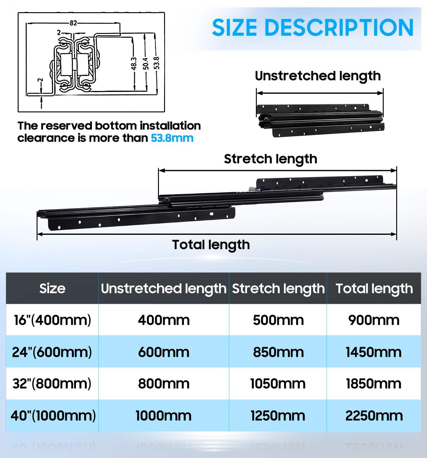 Riel de escalera de montaje en el fondo 400-900 mm Diapositivas de cajón de servicio pesado 260 lb Capacidad de peso Extensión completa Gabinete de rodamiento de bolas