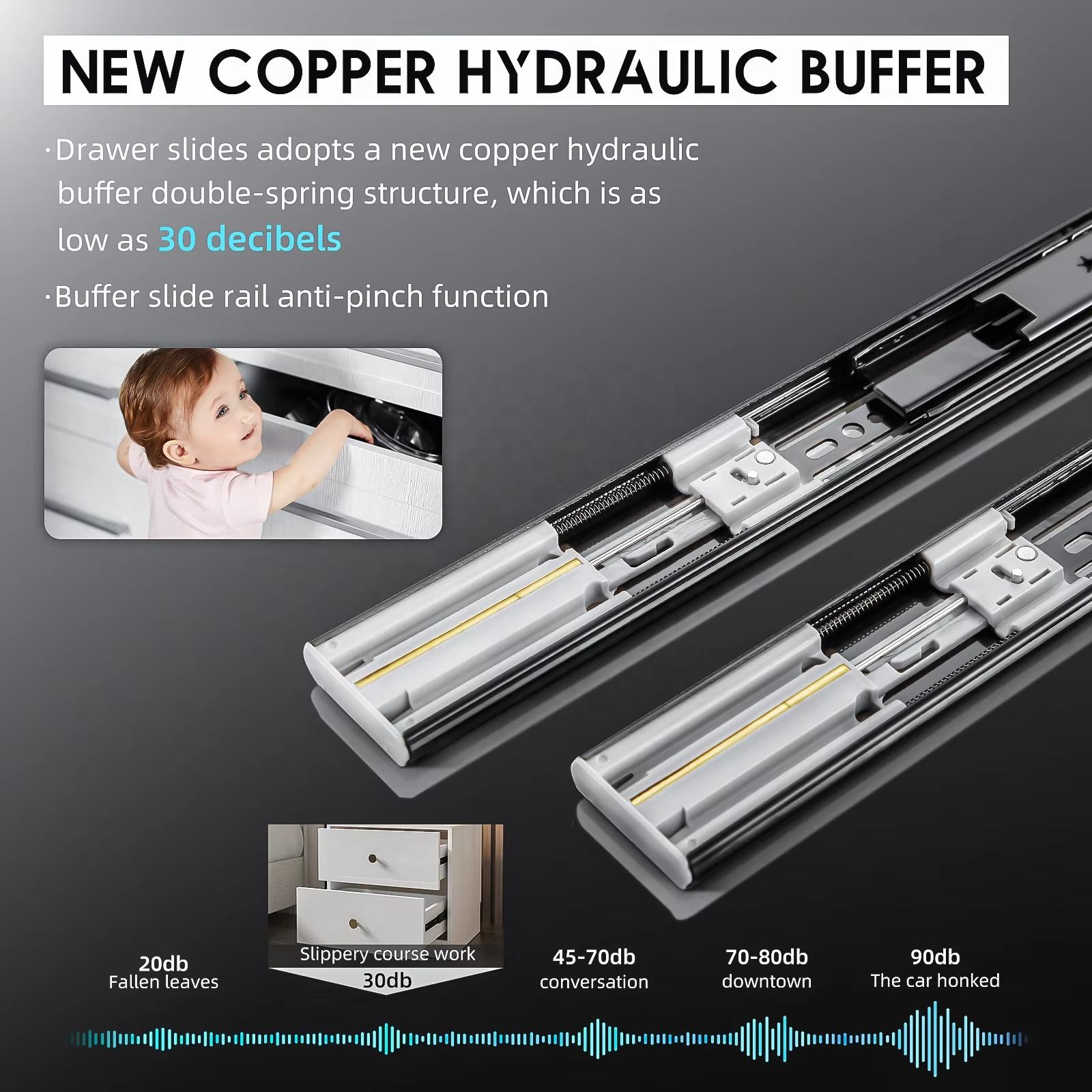 Extensión completa Dominio pesado de 100 libras Cajón de rodamiento de bolas de metal Deslizadores suaves Close de 14 pulgadas corredores para el montaje lateral 12 16 18 20