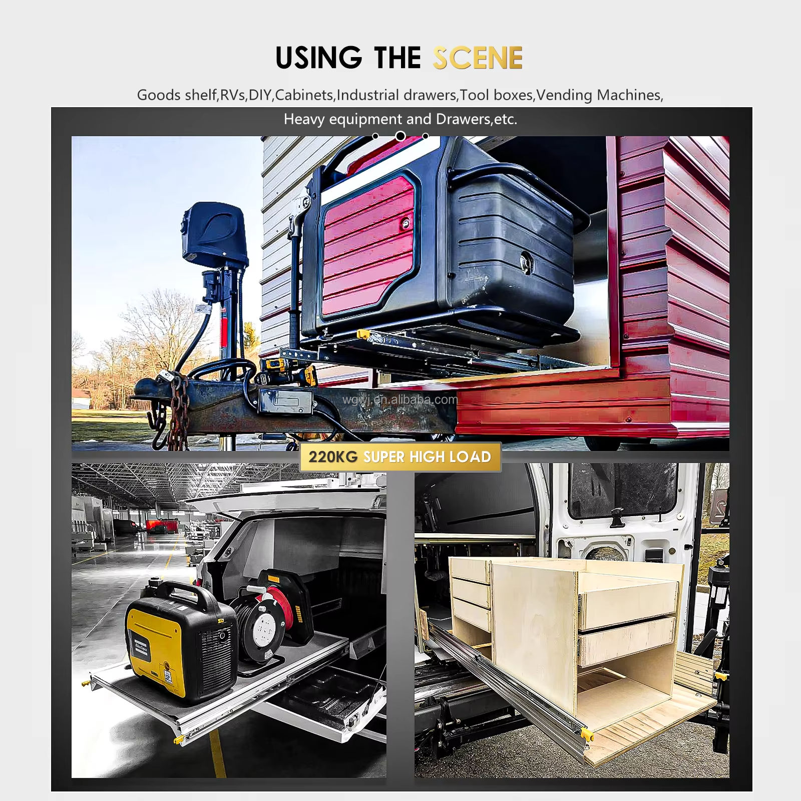 Ventas directas de fábrica 48 'Diapositiva de cajón de servicio pesado con bloqueo 12 ' en ancho, extensión completa de 3 veces, bloqueo de rodamiento de bolas bloqueado