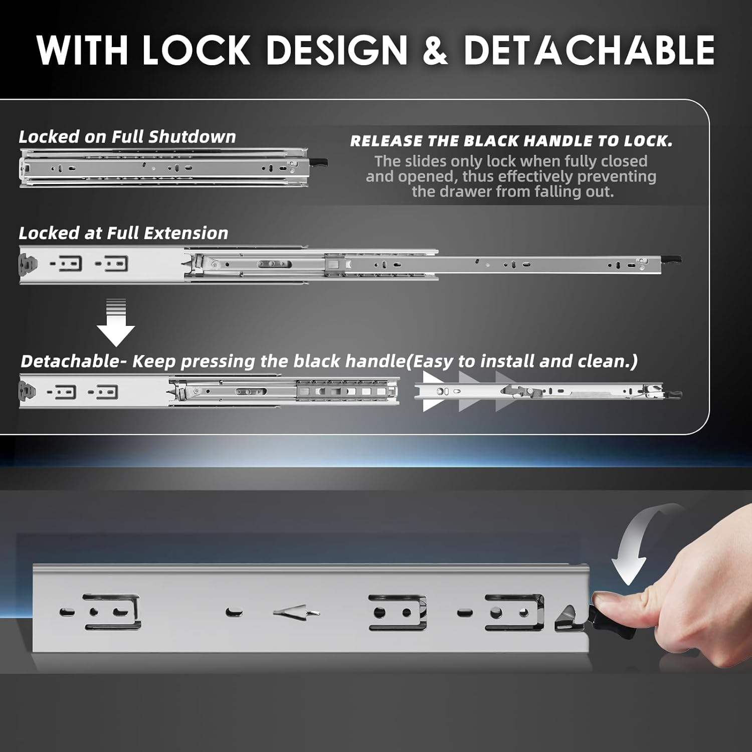 Jinxin de 1 par de pares Cajones de cajón Bloqueo de 150 lb Capacidad de carga Carril de rodamiento de bolas de extensión completa para 12 14 16 18 20 22 24 26