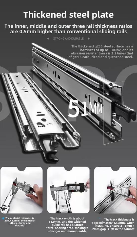 76 mm de ancho Toboganes duraderos de servicio pesado Gabinete telescópico Extensión completa Cajón de rodamiento de bolas ocultas Tobogonías