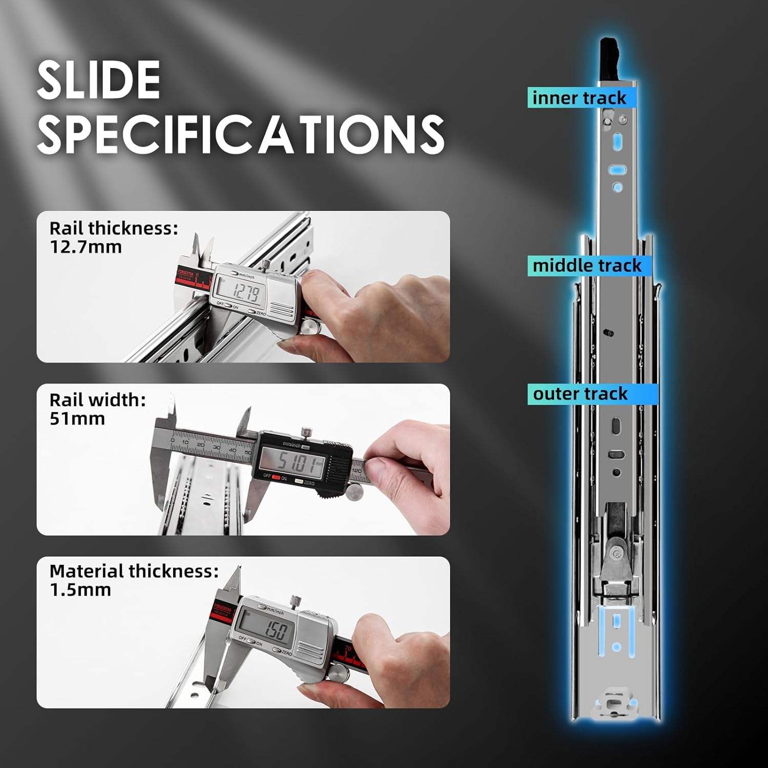 Jinxin de 1 par de pares Cajones de cajón Bloqueo de 150 lb Capacidad de carga Carril de rodamiento de bolas de extensión completa para 12 14 16 18 20 22 24 26