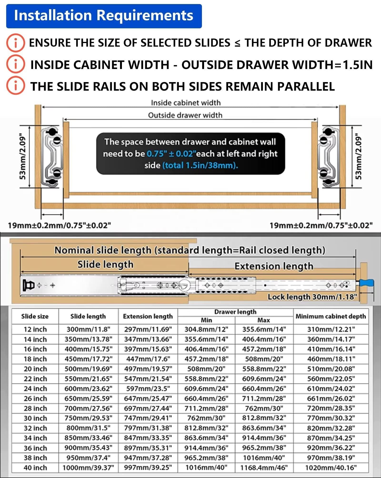 Contras de cajón de servicio pesado Subovomo 16 24 32 Roj de bolas de 40 pulgadas debajo de los rieles del gabinete de la escalera Glides de la pista Runners